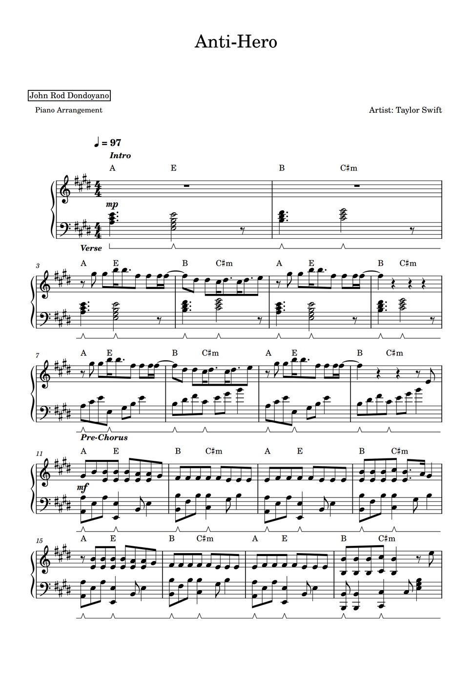 Taylor Swift - Anti-Hero (PIANO SHEET) Notenblatt by John Rod Dondoyano
