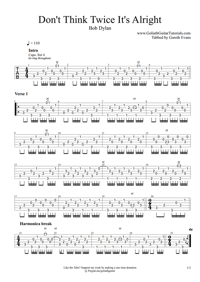 Bob Dylan Don T Think Twice It S Alright By Goliath Guitar Tutorials Sheet