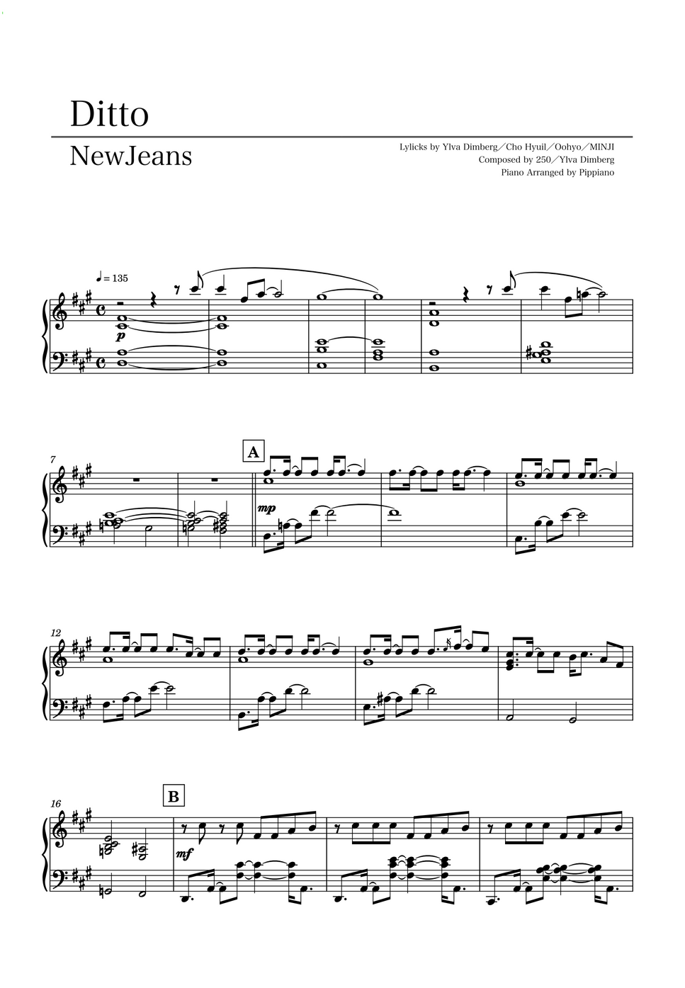 NewJeans Ditto By Pippiano Partitura