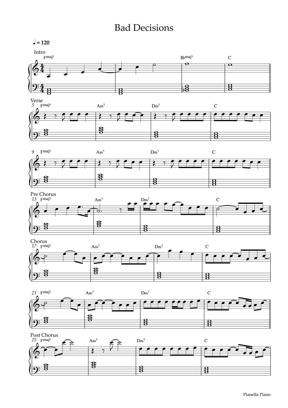 benny blanco, BTS & Snoop Dogg Bad Decisions (MEDIUM Piano Sheet) by