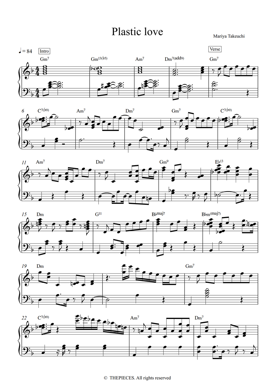 Mariya Takeuchi Plastic Love by Thepieces Partition musicale