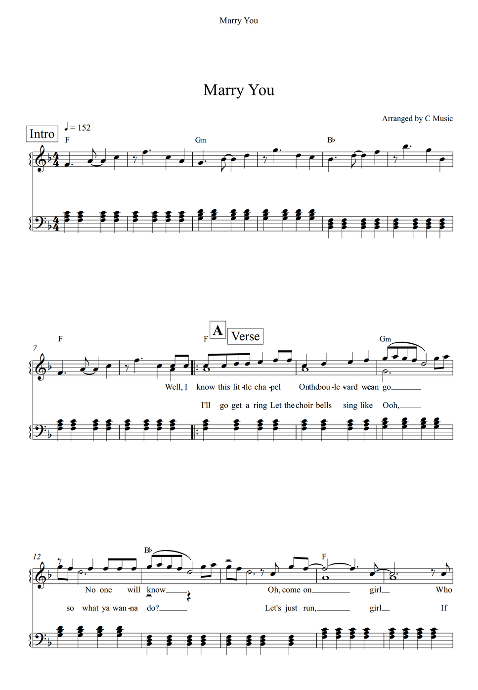 Bruno Mars Marry You Sheet by C Music
